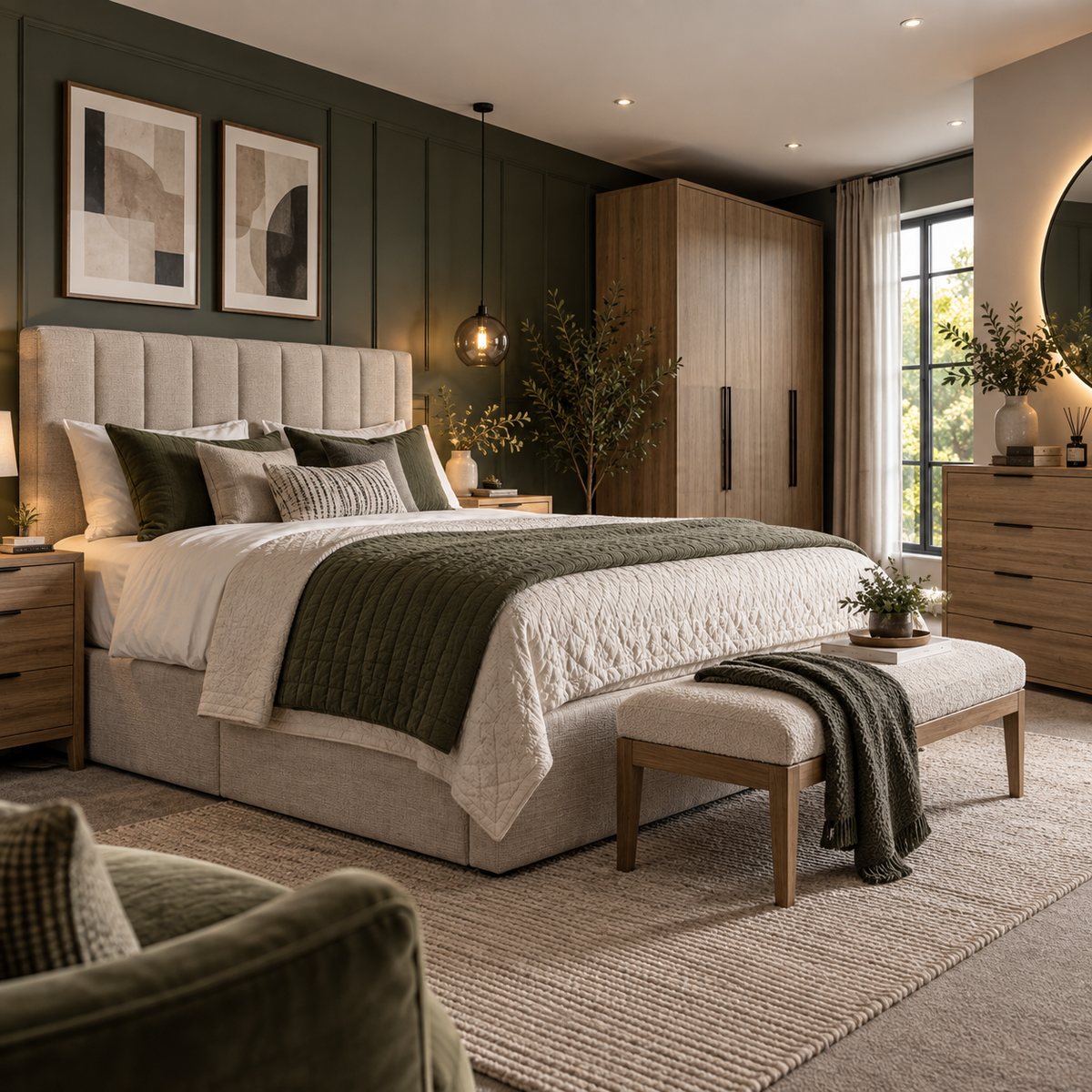A styled bedroom interior featuring a bed dressed in white and dark green bedding, set against a dark green paneled wall with two framed abstract prints. A matching upholstered bench sits at the foot of the bed, with a wooden wardrobe, dresser, and window visible in the room.