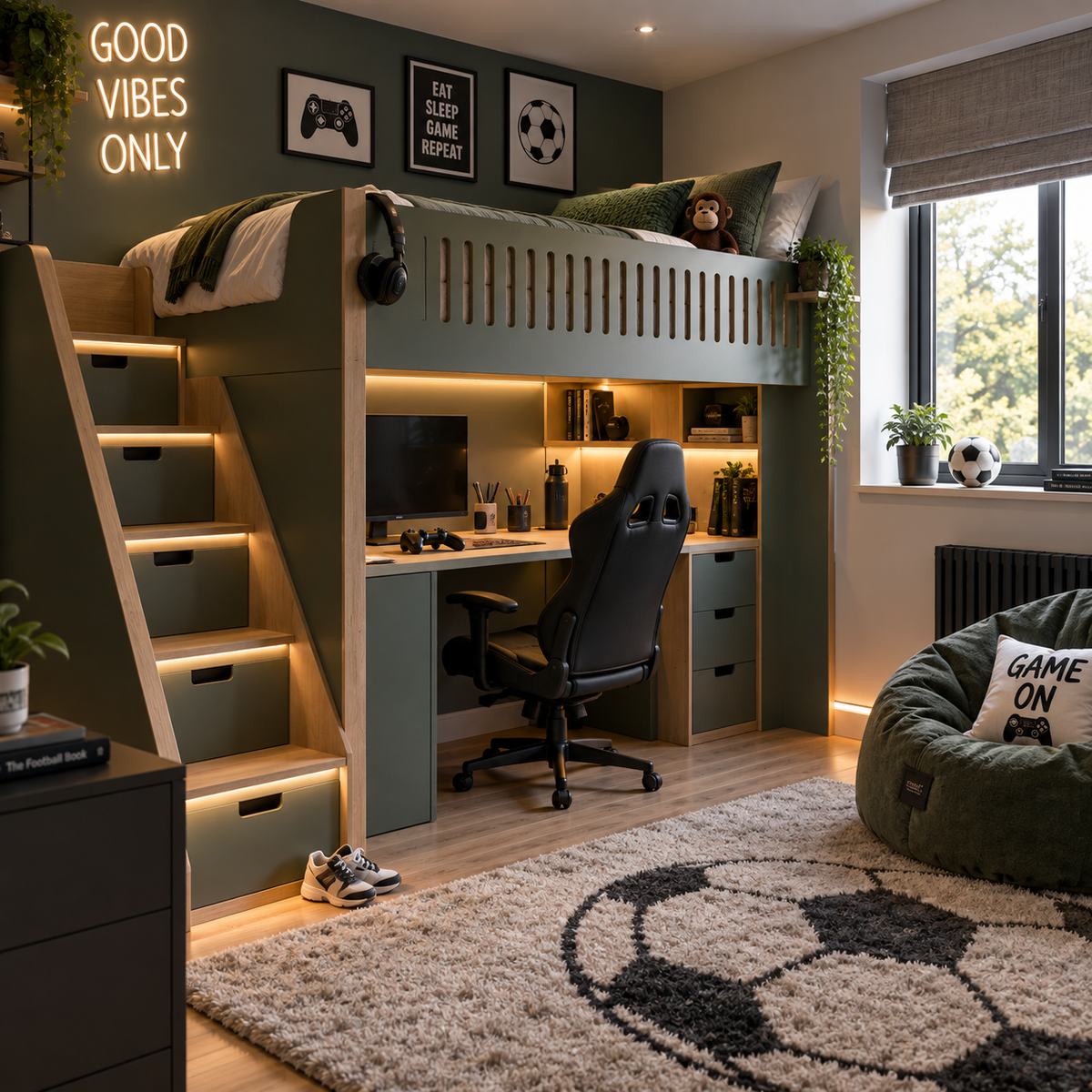 A styled children's bedroom featuring a green loft bed with built-in storage drawers and steps illuminated by warm LED lighting. Under the loft is a desk setup with a black gaming chair.