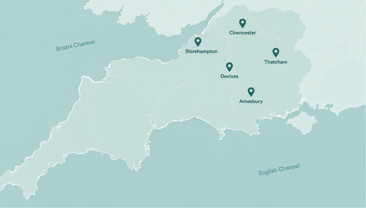 A pale blue map of Somerset and Wiltshire with labeled bed store locations in Cirencester, Shirehampton, Devizes, Thatcham, and Amesbury marked by dark teal pin icons.