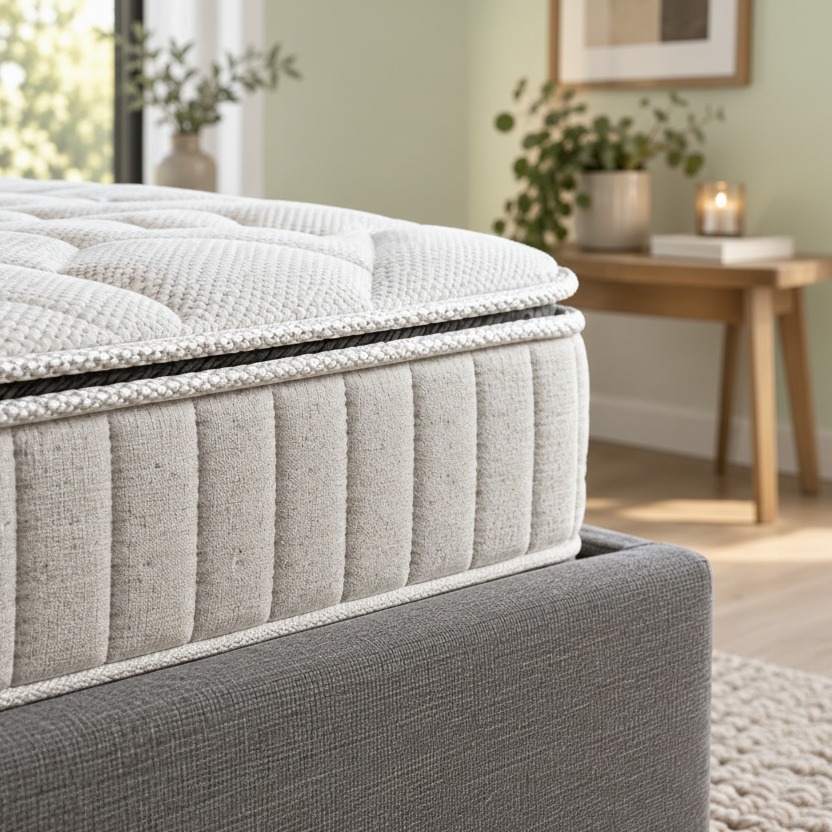Close-up of a quilted mattress topper in a light beige textured fabric, resting on a gray upholstered bed frame in a softly lit bedroom setting.
