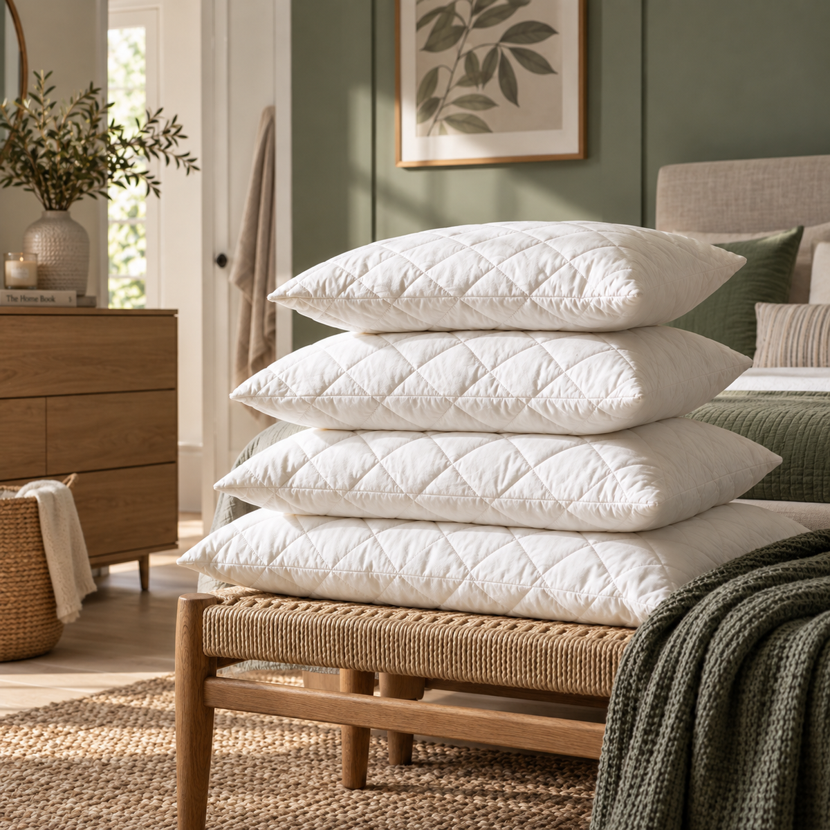 Four white quilted pillows stacked on a woven bench in a styled bedroom setting with a bed, wooden dresser, and green walls.